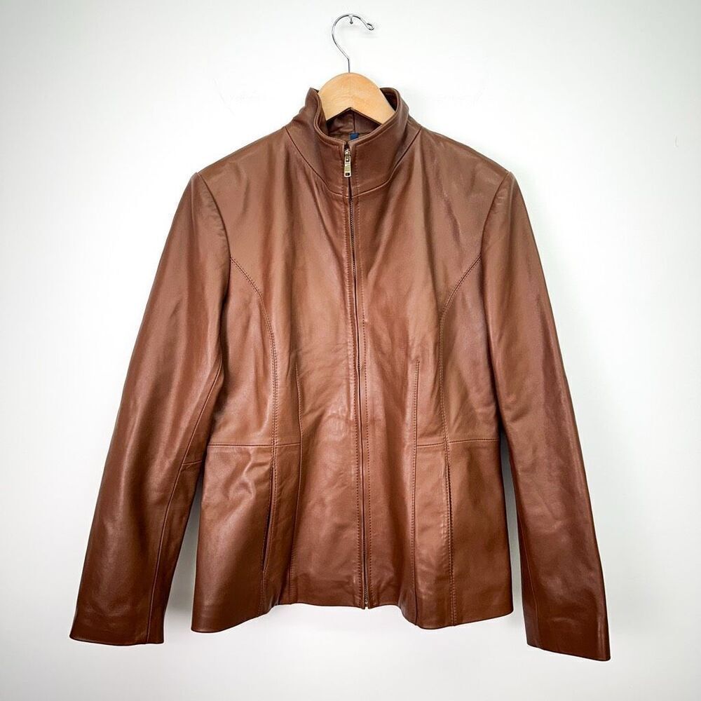 Cole Haan Women’s Chocolate Brown Full Zip Lamb Skin Supple Leather Jacket